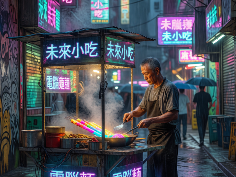 Rainy Neon Hong Kong Street Food Stall at Night