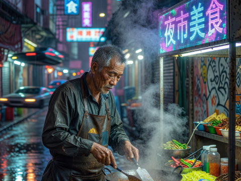 Rainy Neon Night Market Vendor Cooking in Cyberpunk City