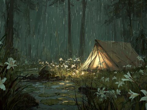Rainy Night Camping by a Lily-Filled Pond