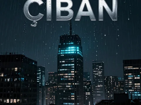 Rainy Night Cyberpunk Cityscape with Metallic Text