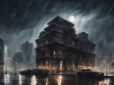 Rainy Night in a Dark Urban Cityscape