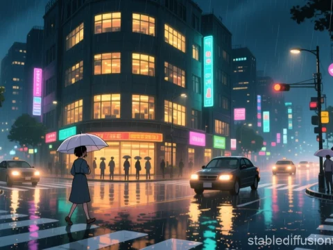 Rainy Night in a Neon-Lit Anime City