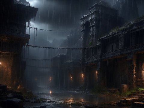 Rainy Night in Ancient Stone Ruins