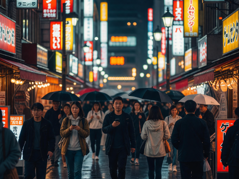 Rainy Night in Neon-Lit Tokyo Street