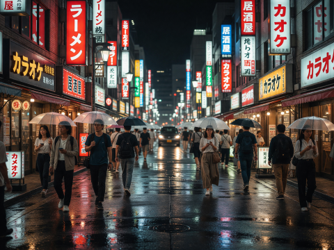 Rainy Night in Neon-Lit Tokyo Street