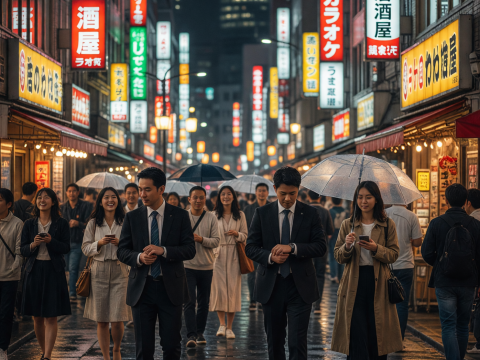 Rainy Night in Tokyo Street with Neon Signs