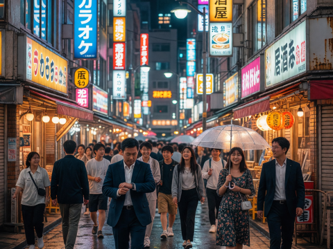 Rainy Night in Tokyo Street with Neon Signs