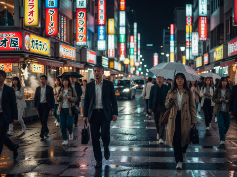 Rainy Night in Tokyo with Neon Signs and Commuters