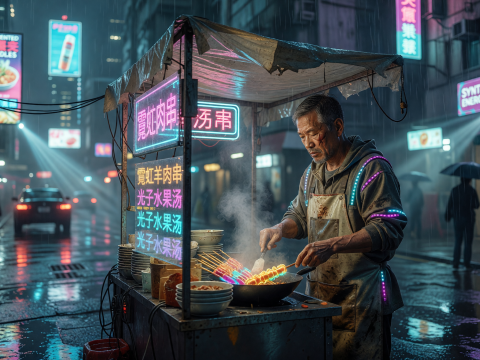 Rainy Night Neon Street Vendor in Cyberpunk City