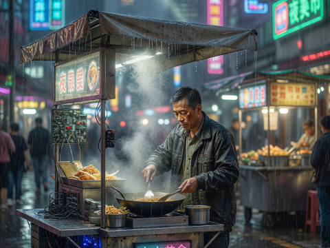 Rainy Night Neon Street Vendor in Cyberpunk City