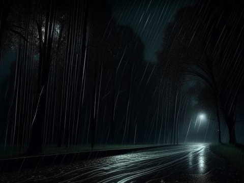 Rainy Night on a Forest Road with Streetlight
