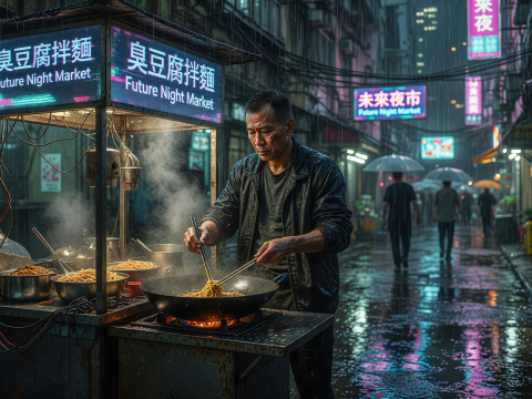 Rainy Night Street Food Stall in Cyberpunk City