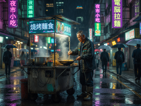 Rainy Night Street Vendor Cooking in Neon-Lit Hong Kong
