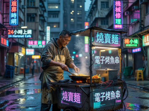 Rainy Night Street Vendor Cooking in Neon-Lit Hong Kong Alley