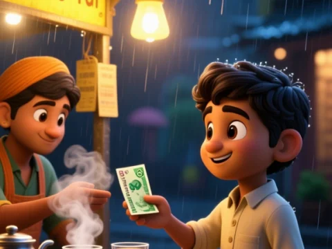 Rainy Night Tea Stall Transaction in Animated Style