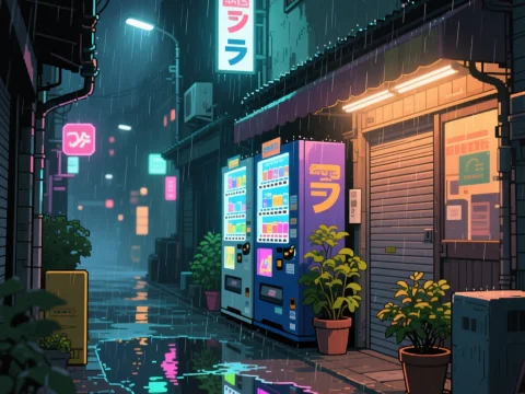 Rainy Retro Tokyo Alley with Neon Vending Machines