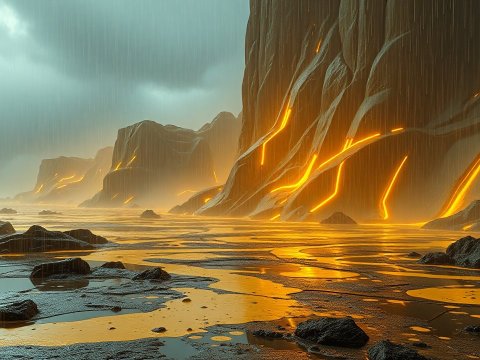 Rainy Volcanic Landscape with Glowing Lava