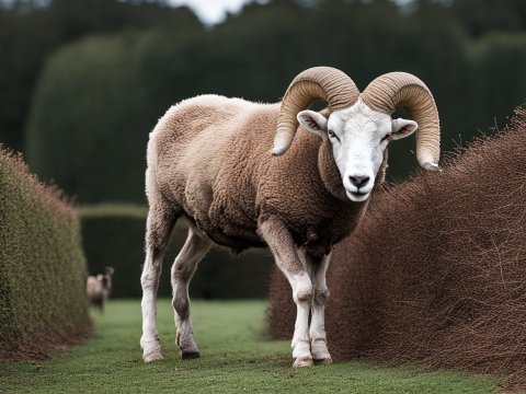 Ram Standing Between Neatly Trimmed Hedges