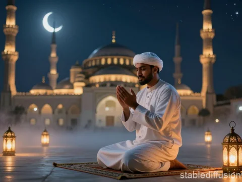Ramadan Night Prayer Under Crescent Moon at Mosque