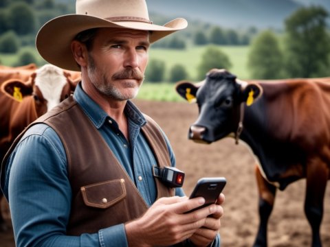 Rancher Using Smartphone with Cows in Pasture