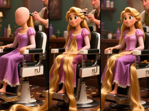 Rapunzel Haircut Transformation in 3D Animation Style