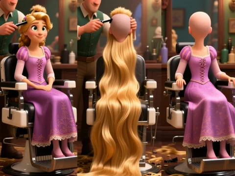 Rapunzel Shaving Her Long Hair in a Charming Barbershop