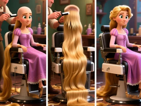 Rapunzel's Haircut Transformation in 3D Animation Style
