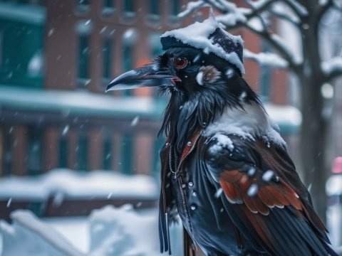 Raven in Snowy Urban Winter Scene