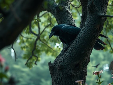 Raven Perched on a Tree Branch in a Lush Forest