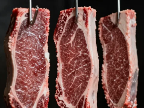 Raw Beef Steaks Hanging on Metal Hooks