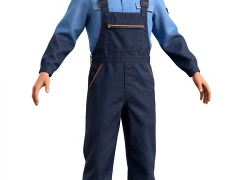 Realistic 3D Render of Male Worker in Blue Overalls T-Pose