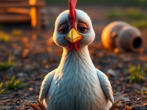 Realistic 3D Sad Chicken Sitting on Ground
