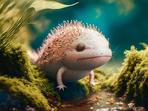 Realistic Axolotl in a Lush Forest Environment