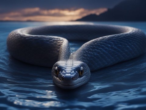 Realistic Blue Snake on Water at Dusk