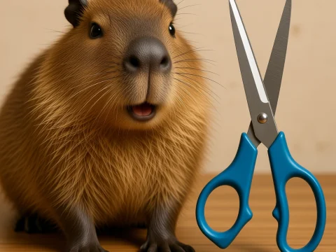 Realistic Capybara with Blue Scissors on Wooden Surface