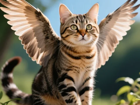 Realistic Cat with Angelic Wings in Natural Setting