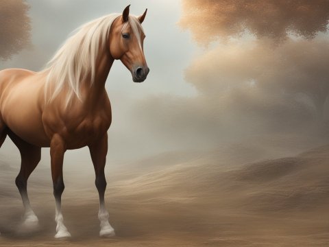 Realistic Chestnut Horse in Misty Autumn Landscape