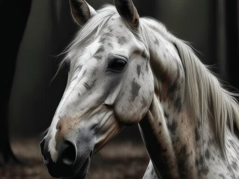 Realistic Close-Up of a Spotted Horse in Dark Forest