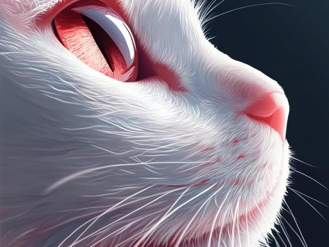 Realistic Close-Up of a White Cat's Face with Red Eyes
