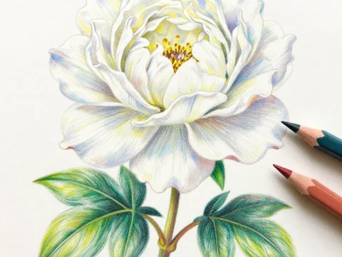 Realistic Colored Pencil Drawing of White Peony Flower