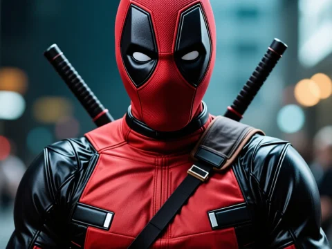 Realistic Deadpool in Red and Black Suit with Katanas