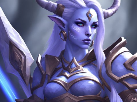 Realistic Draenei Female Warrior with Blue Skin and Armor