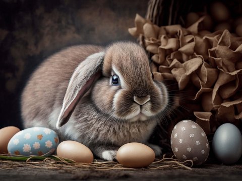 Realistic Easter Bunny with Decorated Eggs