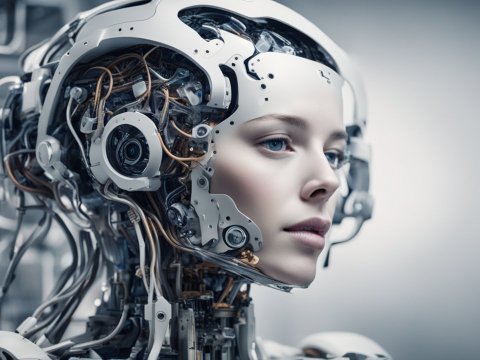 Realistic Female Android with Exposed Mechanical Components