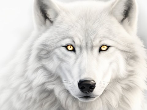 Realistic Front-Facing White Wolf with Golden Eyes