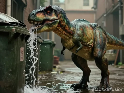 Realistic Green T-Rex Spouting Water in Urban Alley