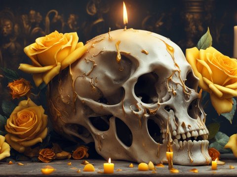 Realistic Human Skull with Yellow Roses and Candles