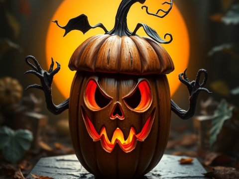 Realistic Jack-o'-Lantern Pumpkin Villain with Glowing Face