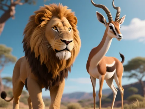 Realistic Lion and Gazelle in African Savanna