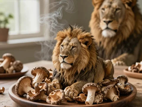 Realistic Lion Figurine Among Mushrooms on Wooden Plate
